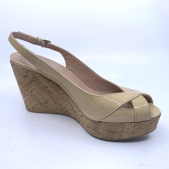 Stuart Weitzman Size 6.5M Adobe Nude Wedge Sandal Cork Peep Toe Slingback Patent - Picture 4 of 12
